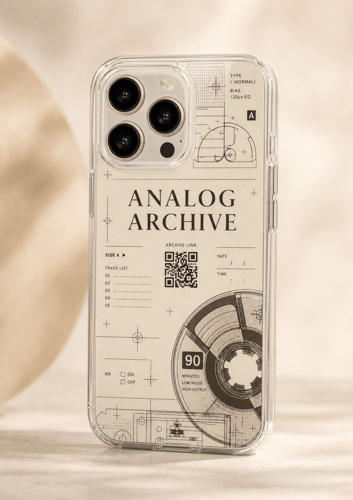 Analog Archive clear phone case with glossy cassette-inspired UV print