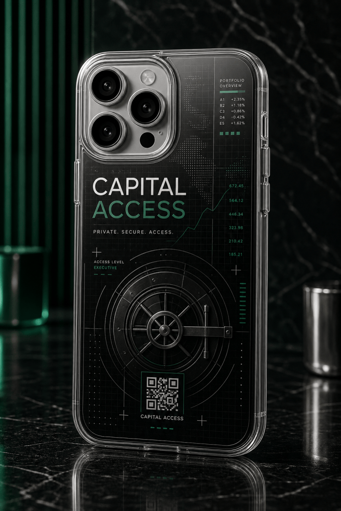 Capital Access clear phone case with glossy finance-inspired UV print