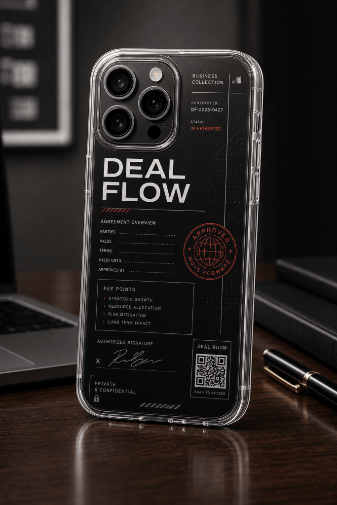 Deal Flow clear phone case with glossy business access UV print