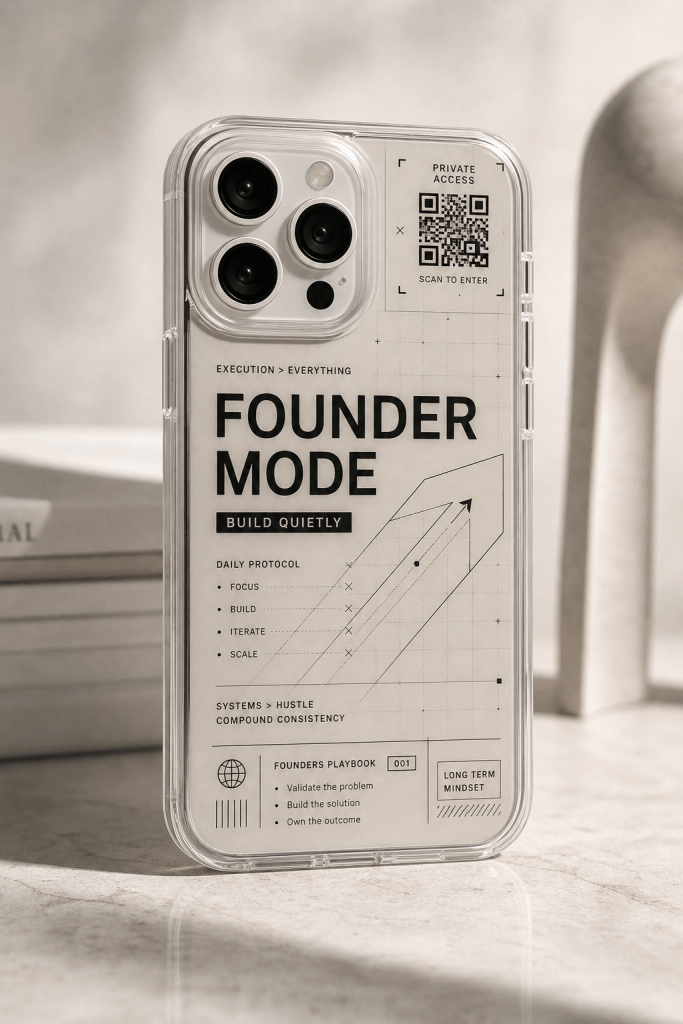 Founder Mode clear phone case with glossy startup-inspired UV print