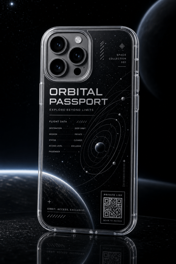 Orbital Passport clear phone case with glossy space UV print