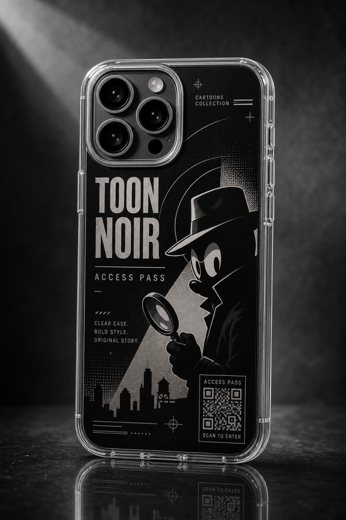 Toon Noir clear phone case with glossy original cartoon UV print