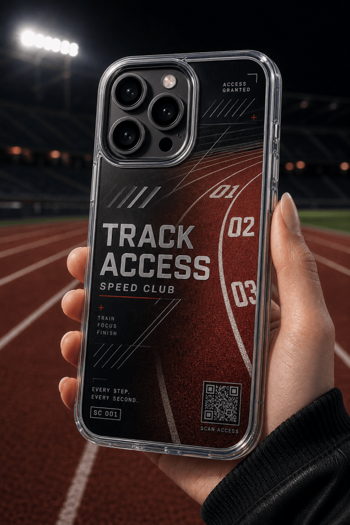 Track Access Speed clear phone case with glossy track club UV print