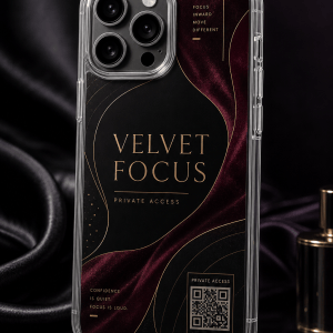 Velvet Focus clear phone case with glossy luxury editorial UV print